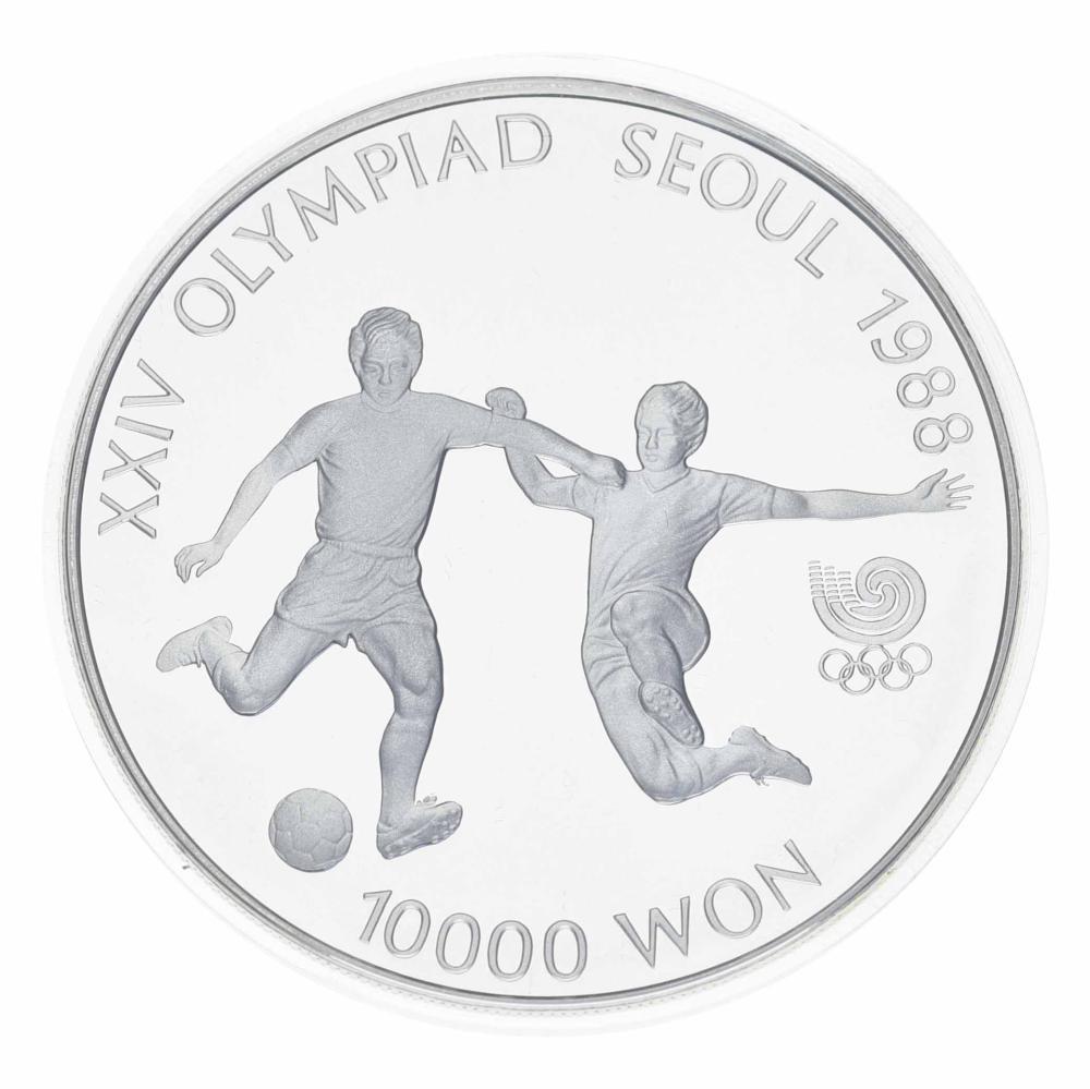 Коллекционная монета Южная Корея 10000 вон 1988 Серебро Proof XXIV летние Олимпийские игры в р. Сеул 1988-Футбол (М23337)