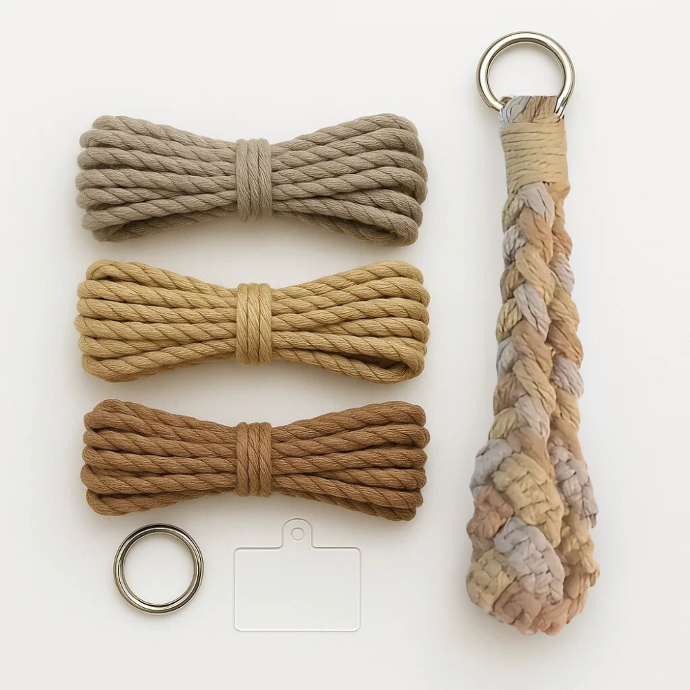 Набор макраме для рукоделия и творчества для ручной вязки и плетения брелока плетеная коса с петлей на руку 17,3х3,5 см Серый/Бежевый/Коричневый