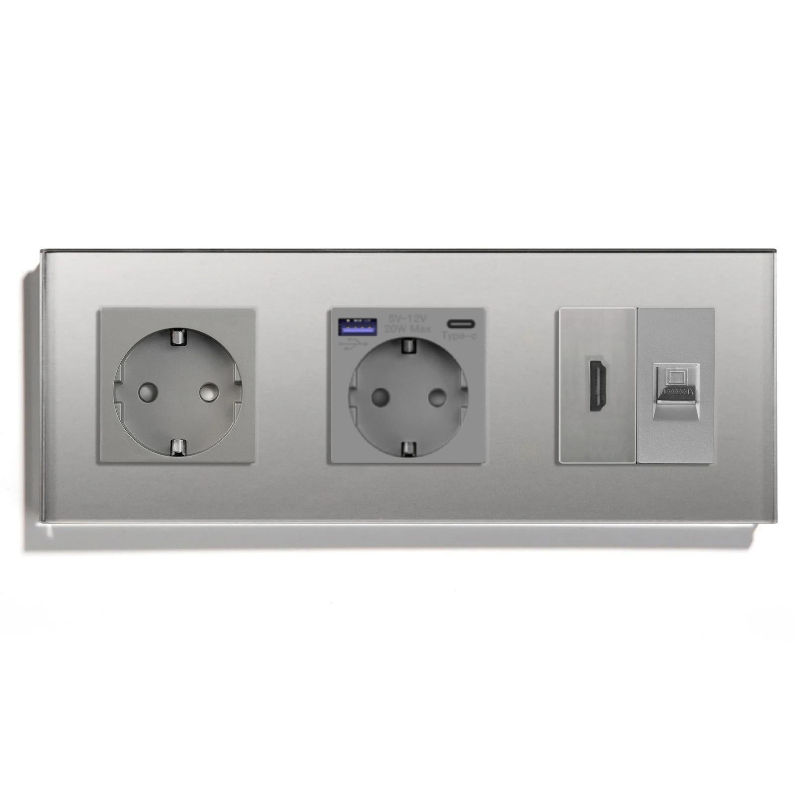 Розетка LUXION с USB 20Вт HDMI/интернет RJ-45 с заземлением/шторками 250В 16А стеклянная рамка Серый (LX-M3FGACHDMICAT6-GY)