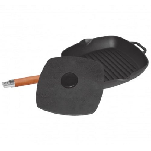 Сковорода чугунная гриль с крышкой прессом Биол 28 см (10281)