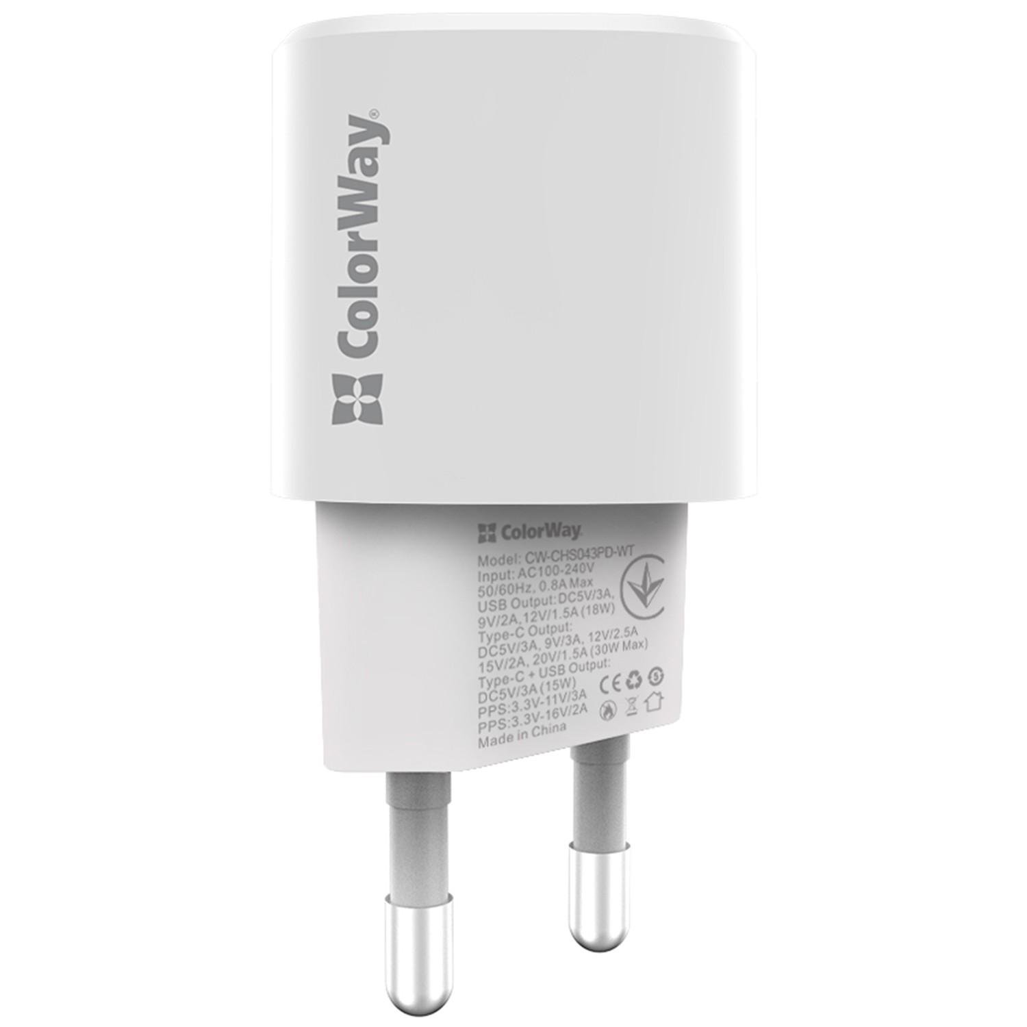 Зарядное устройство сетевое ColorWay GaN3 Power Delivery Port PPS USB Type-C PD + USB QC3.0 33W White (CW-CHS043PD-WT)