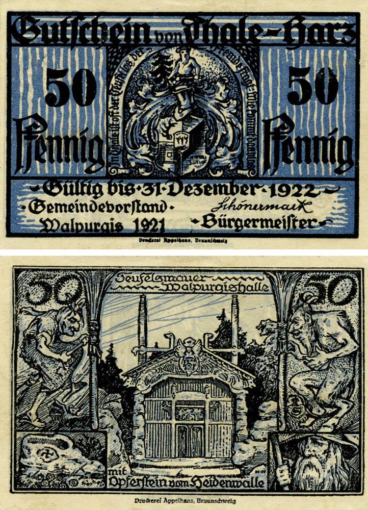 Коллекционная банкнота Германия Нотгельд 50 пфеннигов 1922 F-VF Тале (Б18699)