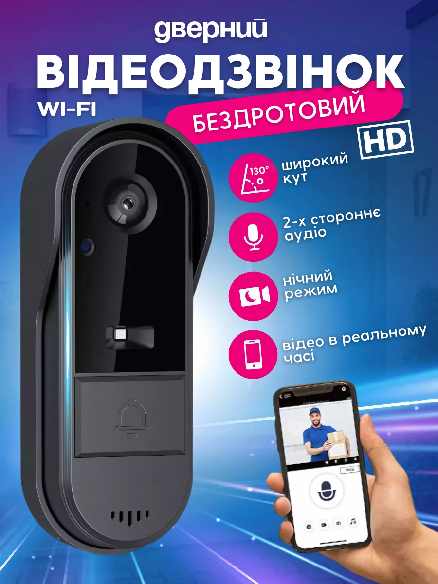 Дзвінок дверний з камерою і домофоном Wi-fi від USB Чорний (1247664222) - фото 2 Дзвінок дверний з камерою і домофоном Wi-fi від USB Чорний (1247664222) - фото 2
