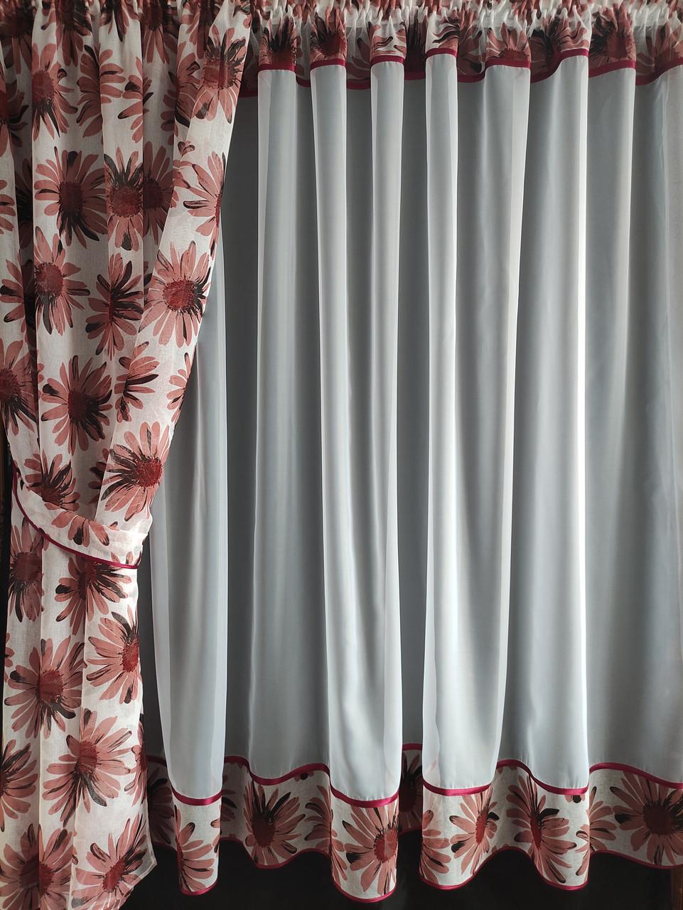 Комплект на кухонное окно Ромашка шифон и батист с цветами 290х190 см Белый/Терракотовый (ромашка-04) - фото 3