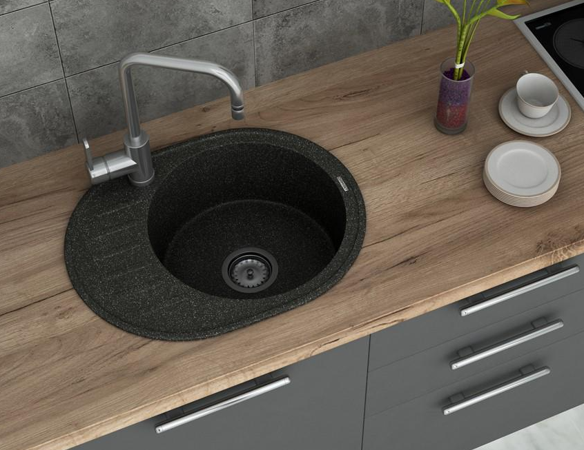 Мойка для кухни Diamant Ellipse гранитная со смесителем и сифоном Черный (DM70209)