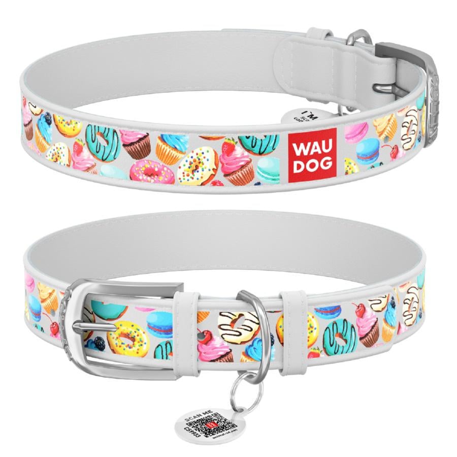 Ошейник для собак кожаный Waudog Design Пончики с QR паспортом M 20 мм 30-39 см