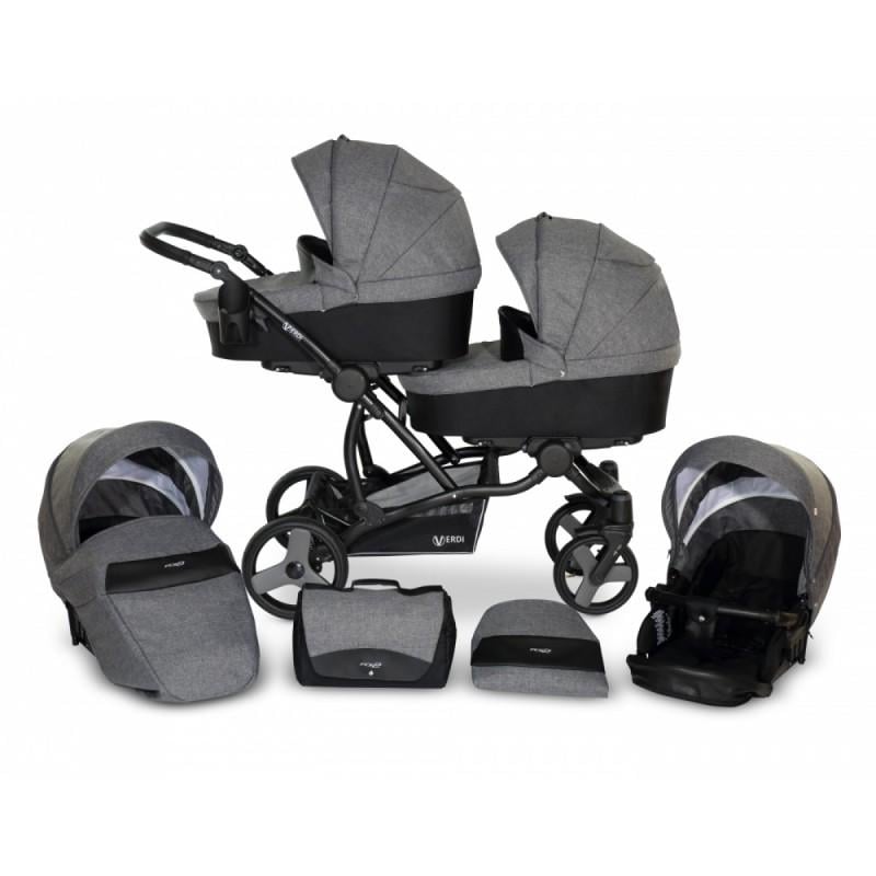 Коляска для двійні Verdi For 1 з дощовиком та 2 чохлами на ніжки Сірий/Чорний
