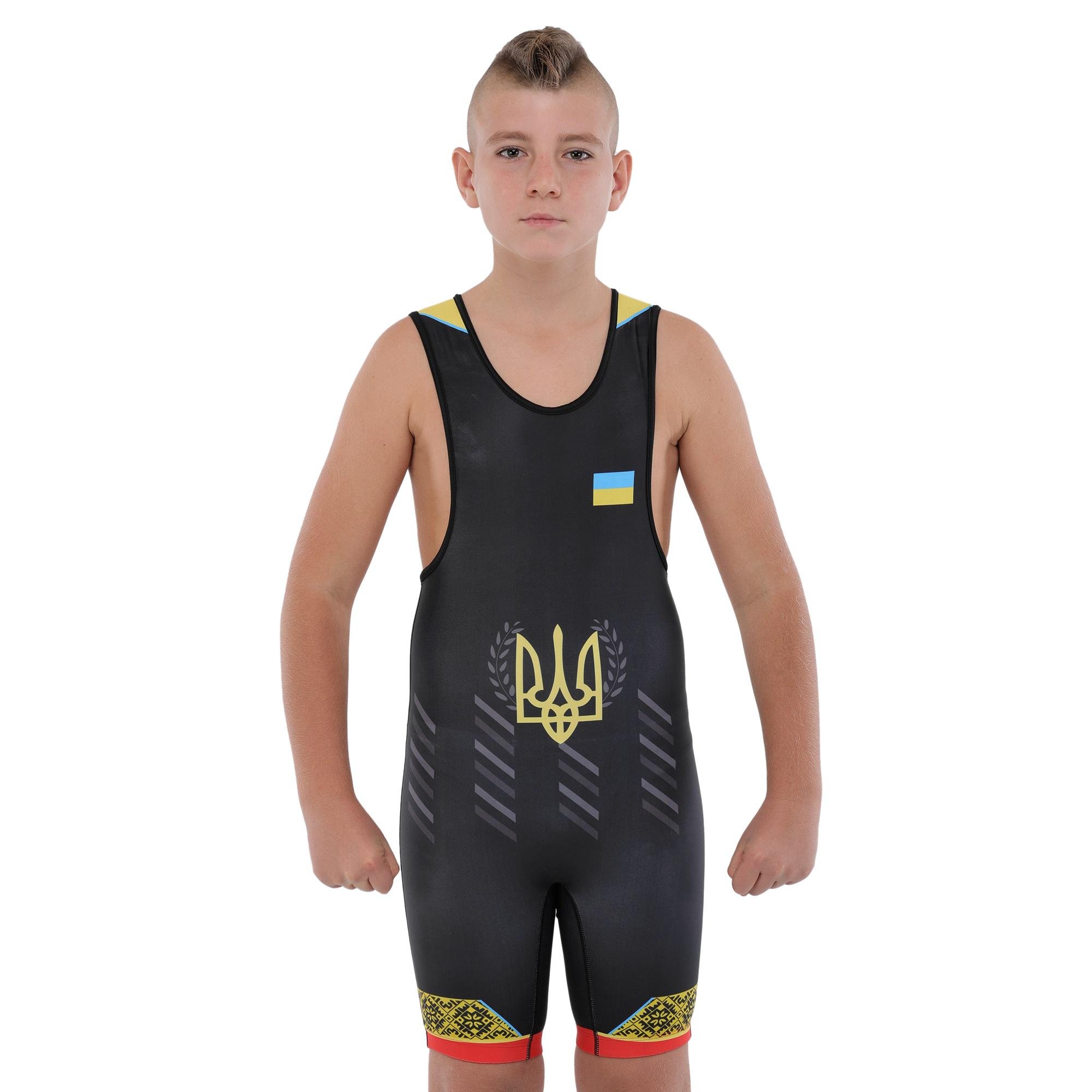 Трико SP-Sport JY-6607 UKRAINE для боротьби біфлекс зріст 153-157 см 11-12 років Чорний/Червоний/Синій (8585053829687)