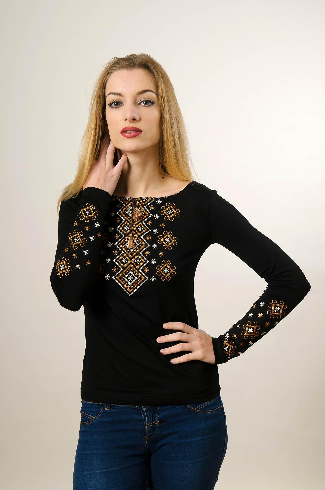 Женская вышиванка на длинный рукав Melanika Карпатский орнамент коричневая вышивка A-6 S