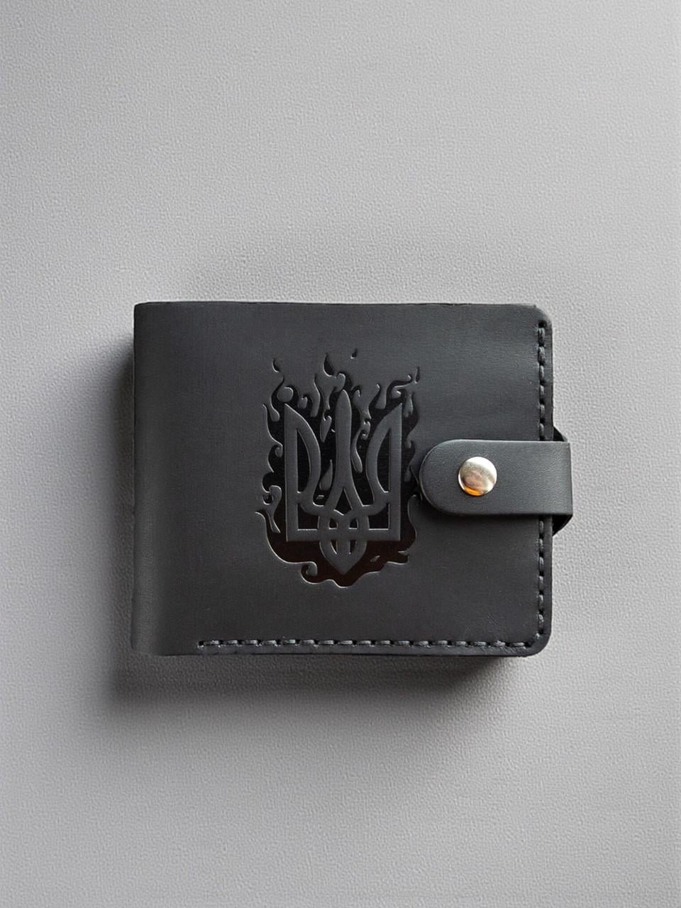 Кошелек мужской кожаный Тризуб-Герб Украины с монетницей и тиснением Черный (2738160908)