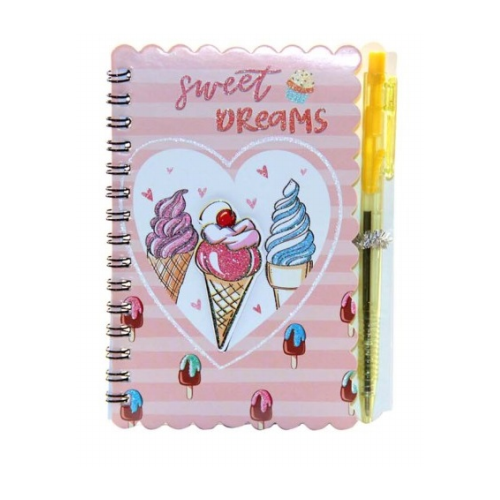 Блокнот с боковой спиралью Stenson Sweets с ручкой для девочек с рисунком мороженого А6 Красный (WW01777ST)