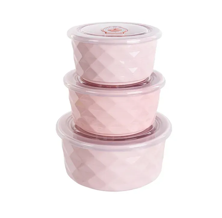 Набір фарфорових салатників із кришками 3 шт. Рожевий (359-481)