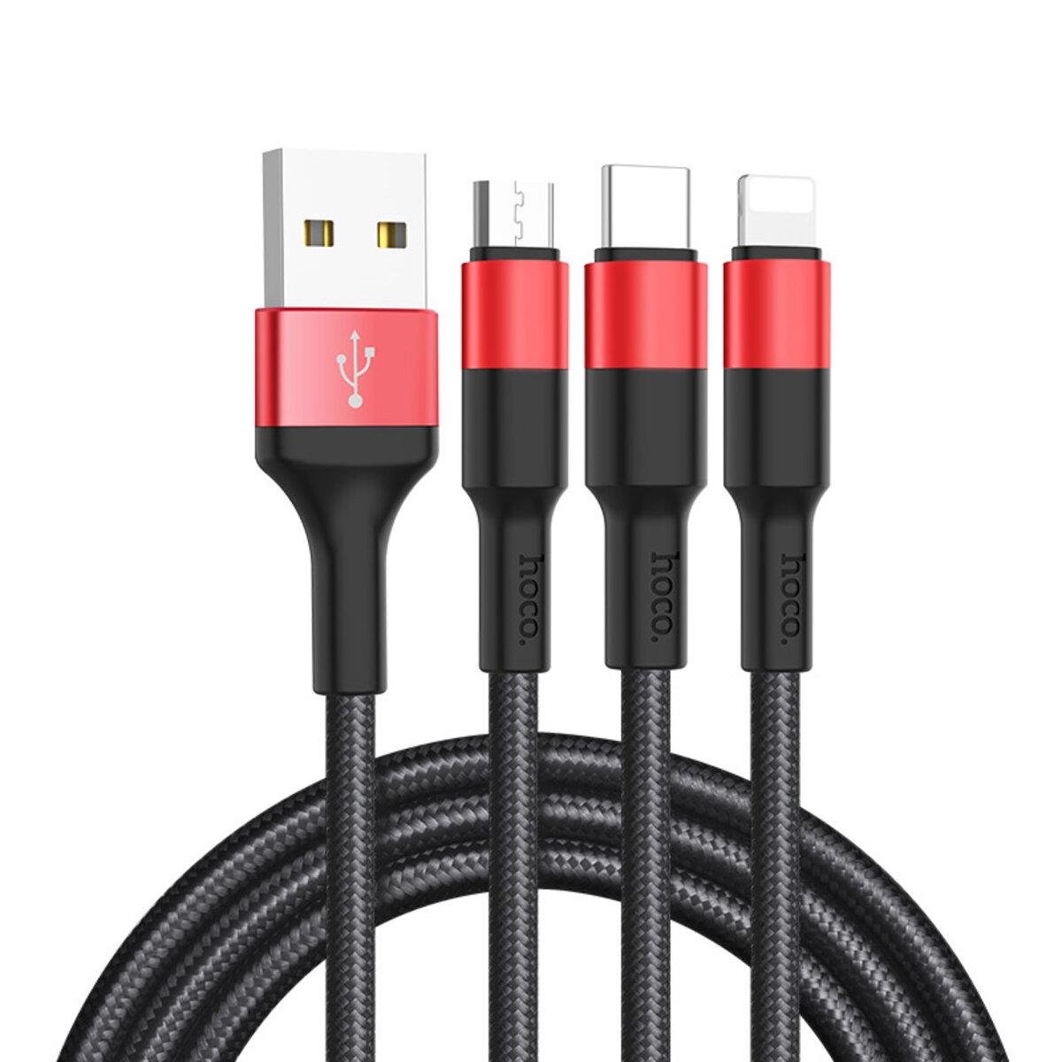 Кабель Hoco X26 Xpress one pull three charging Cable USB to Lightning+MicroUSB+Type-C 2A 1 м Black (6957531080282)
