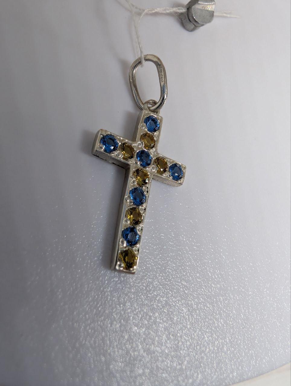 Срібний хрестик 925 проба з жовто блакитними камінчиками без покриття (2680433099) - фото 6 Срібний хрестик 925 проба з жовто блакитними камінчиками без покриття (2680433099) - фото 6