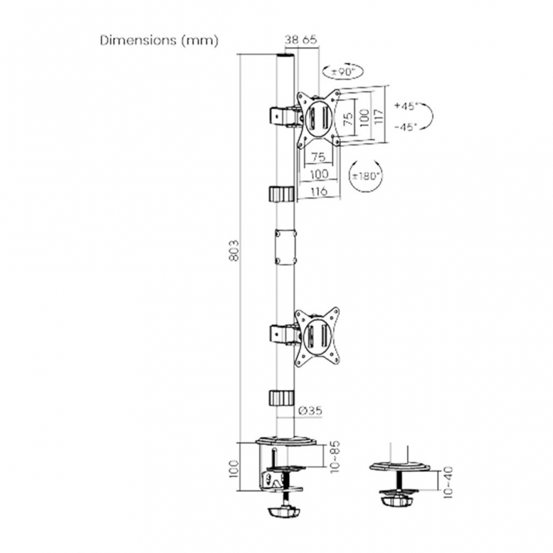 Кронштейн для монітора Brateck LDT66-C02V для двох моніторів 17-32" Чорний (22631558) - фото 12