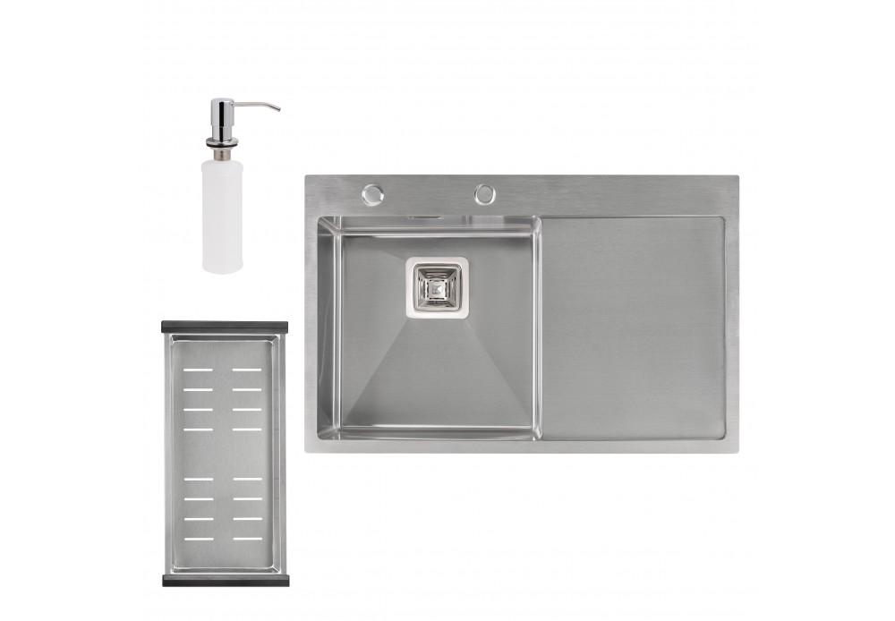 Набор 3 в 1 кухонная мойка Q-tap DK7850L 3/1,2 мм Satin с сушилкой и дозатором для моющего средства