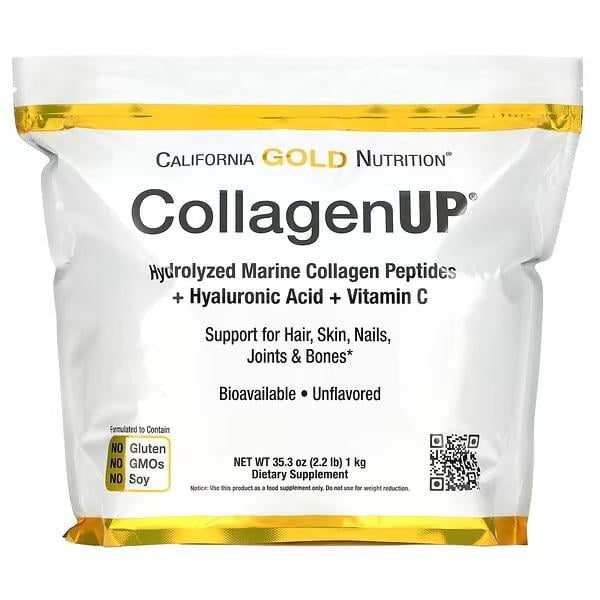 Пептиди California Gold Nutrition CollagenUP гідролізовані морського колагену з гіалуроновою кислотою та вітаміном без смакових добавок 1 кг