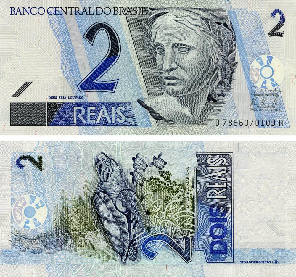 Коллекционная банкнота Бразилия 2 реала 2001 UNC Черепаха P249 (Б03434)