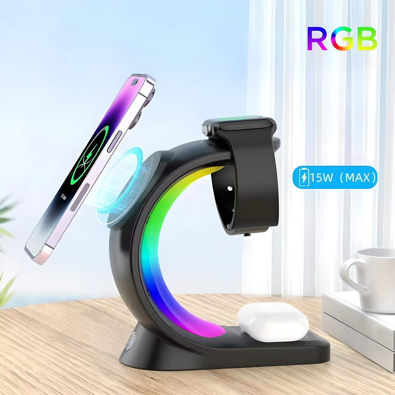 Зарядное устройство для iPhone/наушников AirPods/смарт-часов AppleWatch с RGB ночником Black (2066738493) - фото 4 Зарядное устройство для iPhone/наушников AirPods/смарт-часов AppleWatch с RGB ночником Black (2066738493) - фото 4