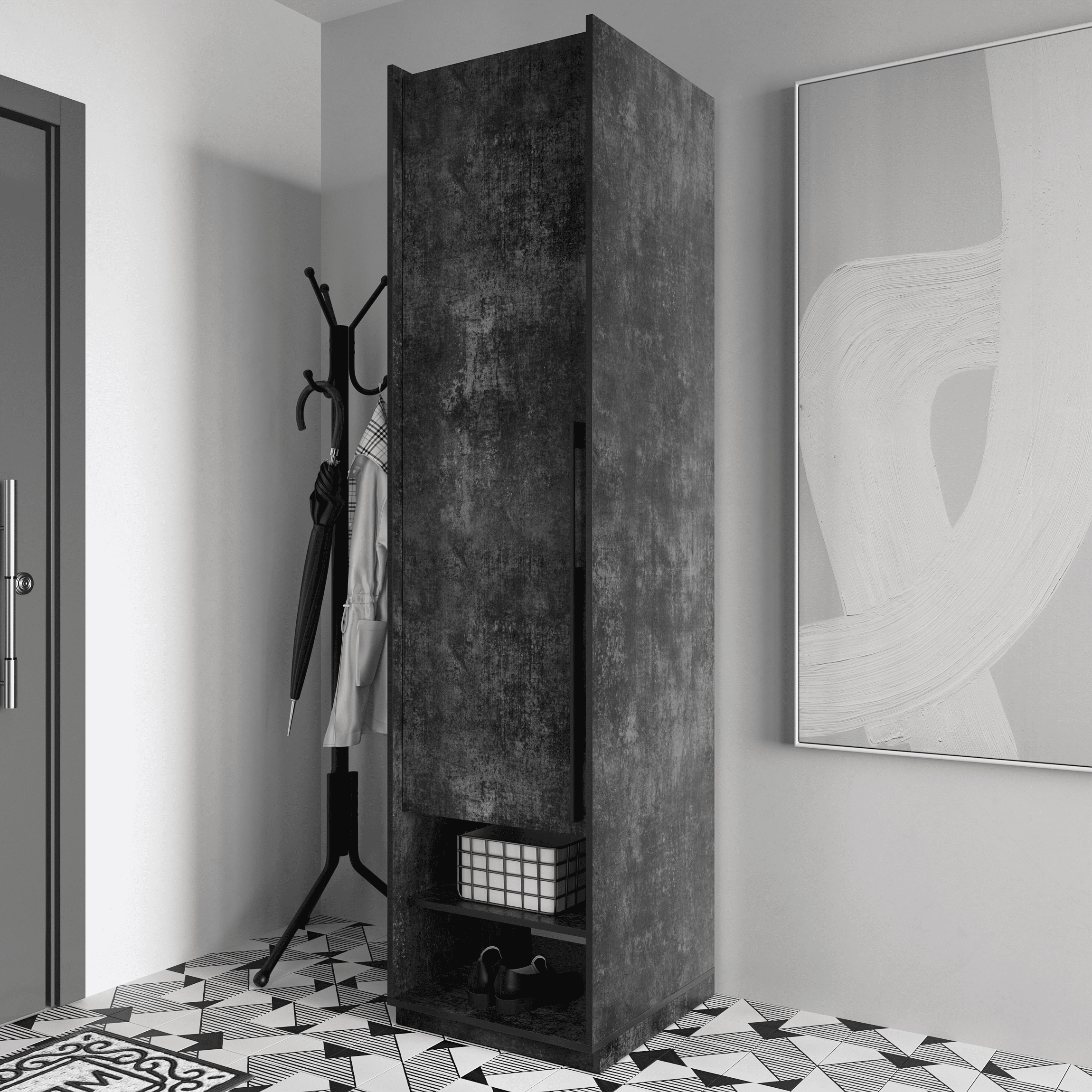 Шкаф распашной Moreli R-0001 со штангой на одну дверку в прихожую на праву сторону Бетон Темный