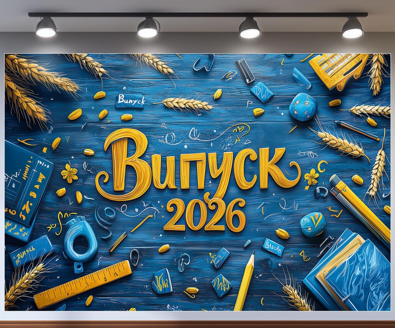 Баннер для фотозоны "Випуск 2026" синяя деревянная текстура с колосьями и школьными принадлежностями 180x120 см №41310