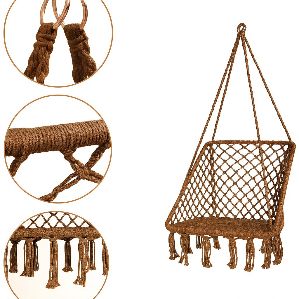 Кресло-качели подвесные WCG Плетеная квадратная с мягкой подушкой Коричневый (2689017149) - фото 5