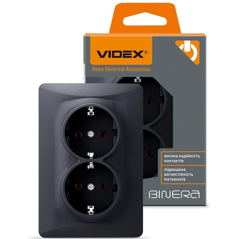 Двойная розетка с заземлением и повышенной огнеупорностью Videx Binera VF-BNSK2G-BG Черный графит Двойная розетка с заземлением и повышенной огнеупорностью Videx Binera VF-BNSK2G-BG Черный графит
