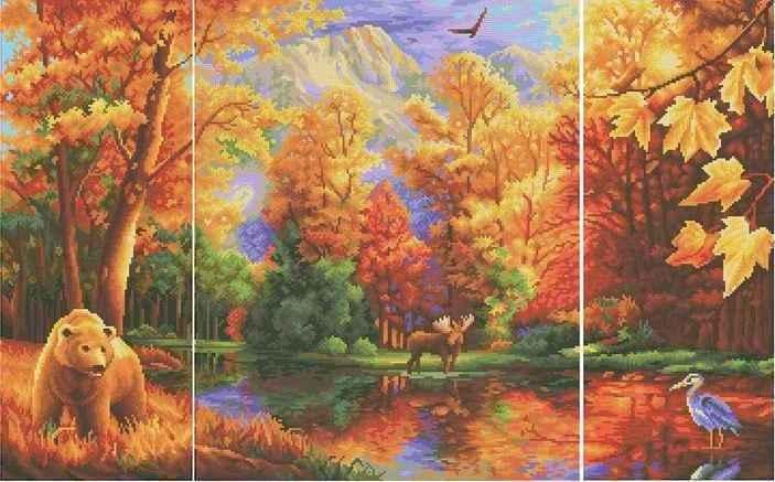Вышивка бисером Триптих Осенний пейзаж лес медведь олень заготовка 76х47,5 см (1747402204)