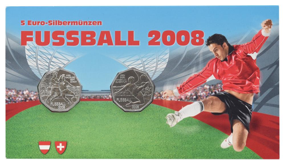 Набор коллекционных монет Австрия 2 монеты по 5 евро 2008 серебро UNC Чемпионат Европы по футболу 2008 года (М23759)