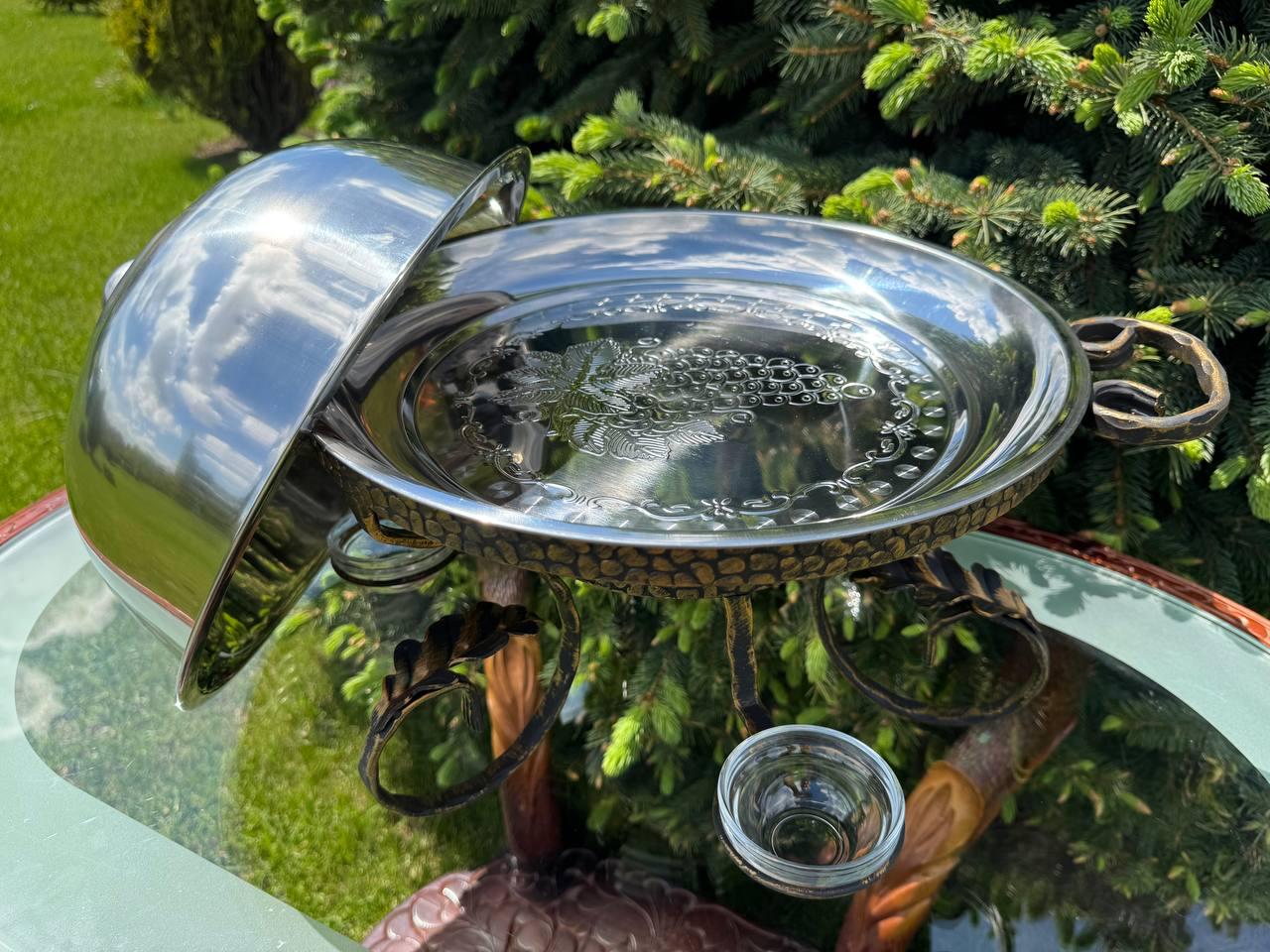 Садж підставка для шашлику та м'яса з 3 соусницями та підігрівом ручної роботи 36 см - фото 2 Садж підставка для шашлику та м'яса з 3 соусницями та підігрівом ручної роботи 36 см - фото 2