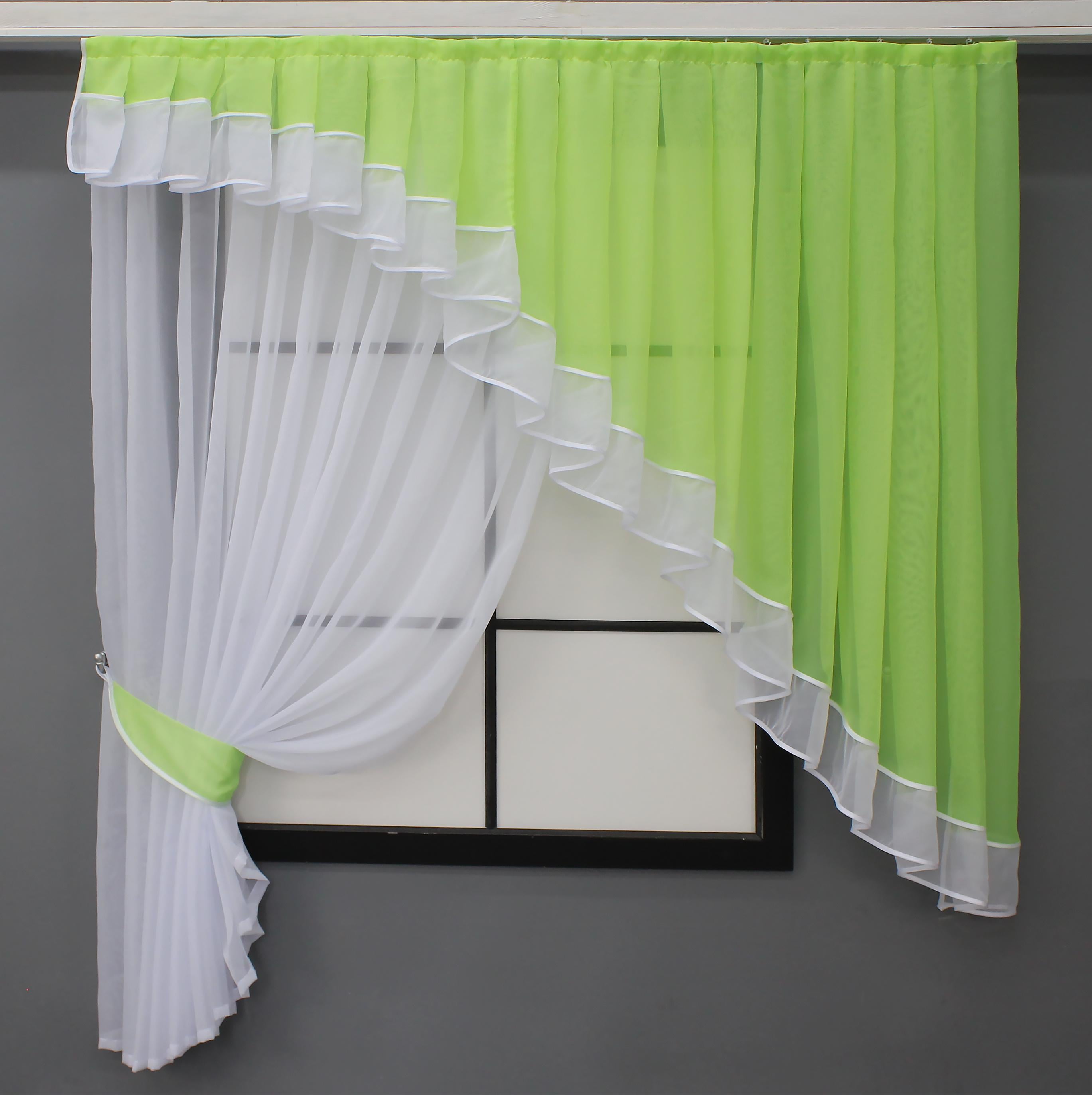 Комплект шторы и тюль кухонный VR-Textil № 062к 150х170 см Светло-салатовый с белым (52-0857)