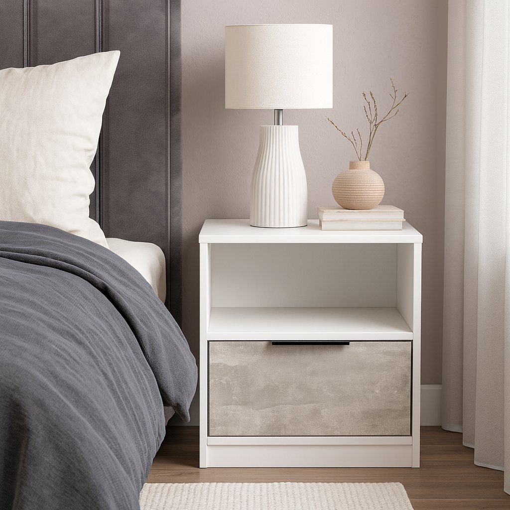 Тумба прикроватная ТП4 SENAM 490х450х350 мм корпус ДСП Белый фасад ДСП Ателье Светлый - фото 1 Тумба прикроватная ТП4 SENAM 490х450х350 мм корпус ДСП Белый фасад ДСП Ателье Светлый - фото 1