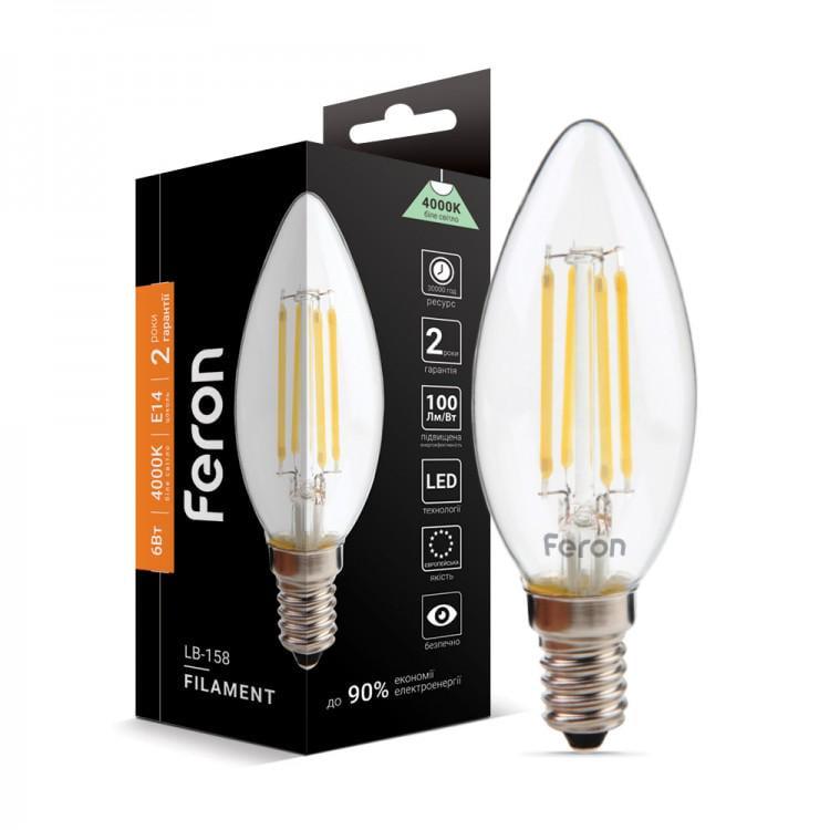 Лампа світлодіодна Feron Filament Свічка LB-158 230V 6W E14 4000K (27844382)