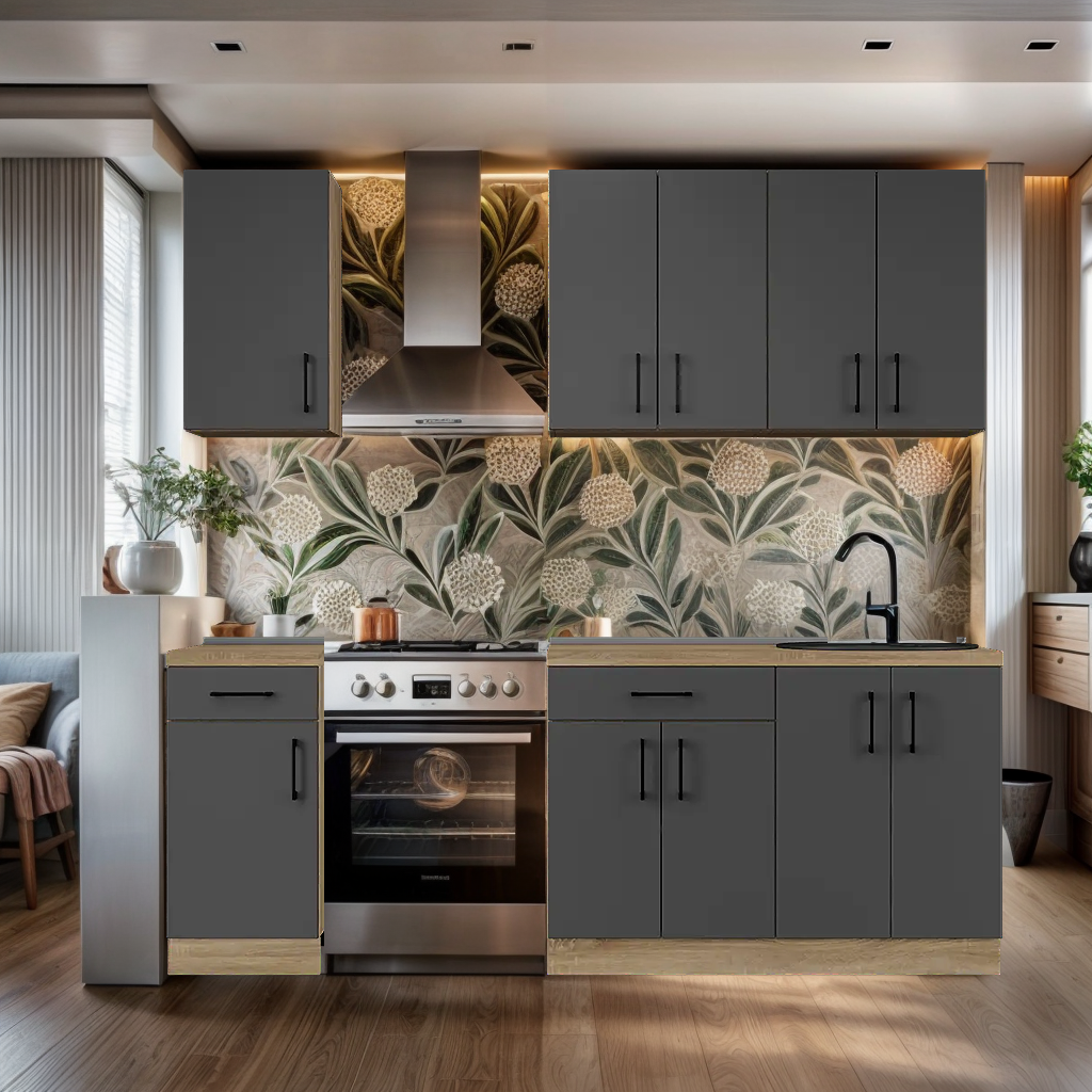 Кухня со столешницей Tobi Sho Optima -К4 модульная 2,2 м Графит/Графит корпус Дуб Сонома