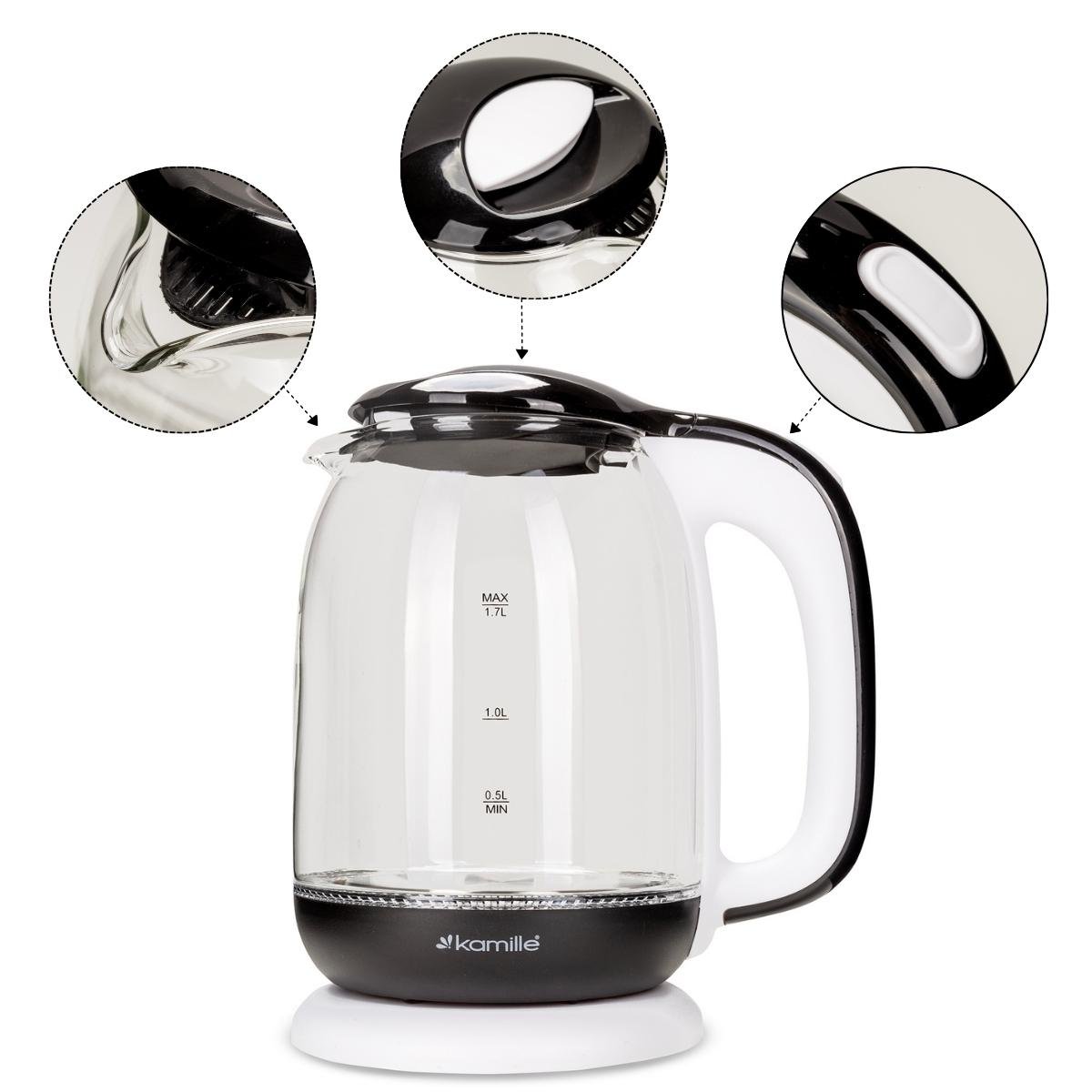 Електрочайник на підставці Kamille KM-1720В скляний з підсвічуванням та індикатором рівня води 2200 W 1,7 л Чорно-білий (124-84-1720В) - фото 7 Електрочайник на підставці Kamille KM-1720В скляний з підсвічуванням та індикатором рівня води 2200 W 1,7 л Чорно-білий (124-84-1720В) - фото 7