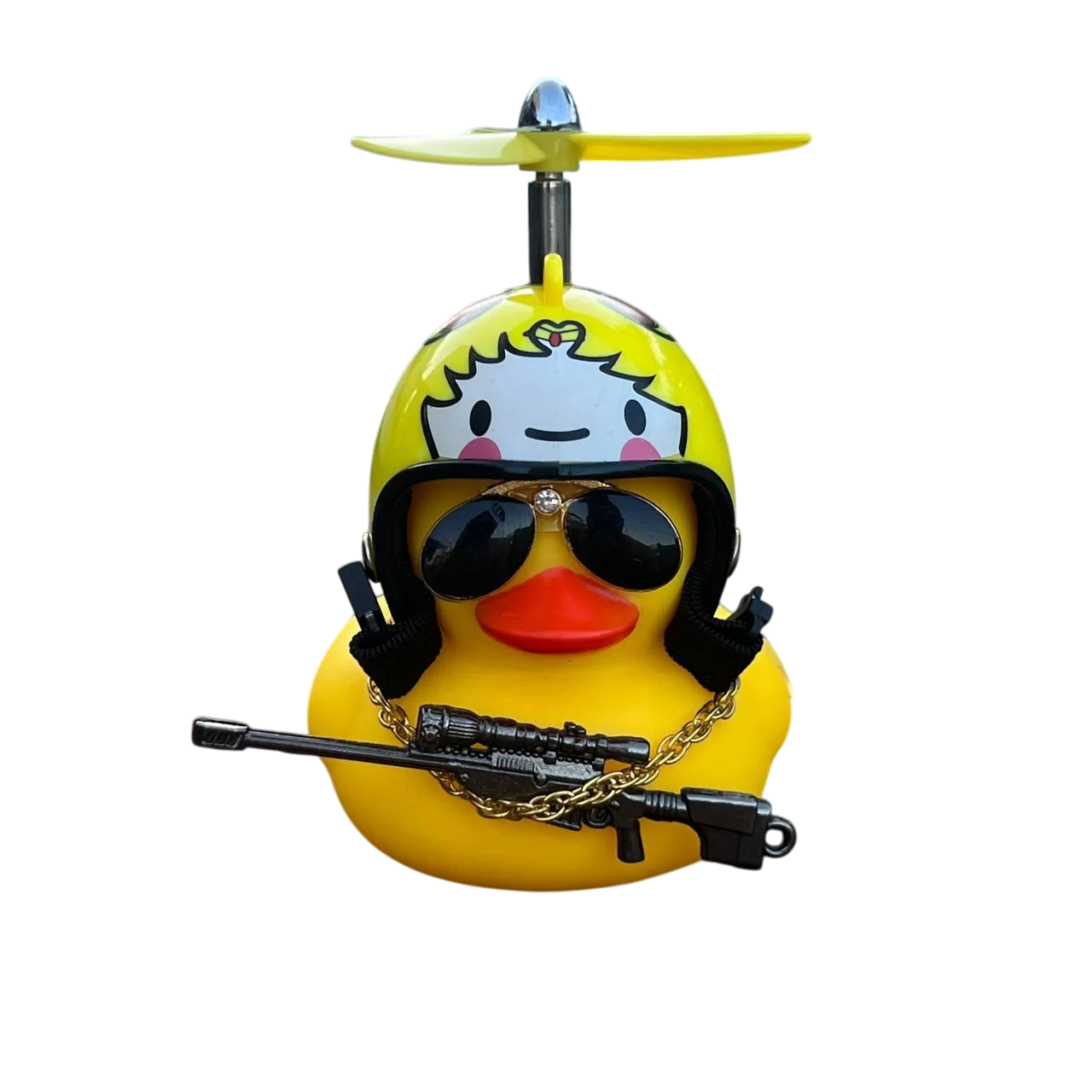 Утка в очках на торпеду в автомобиле со шлемом Утка в очках на торпеду в автомобиле со шлемом