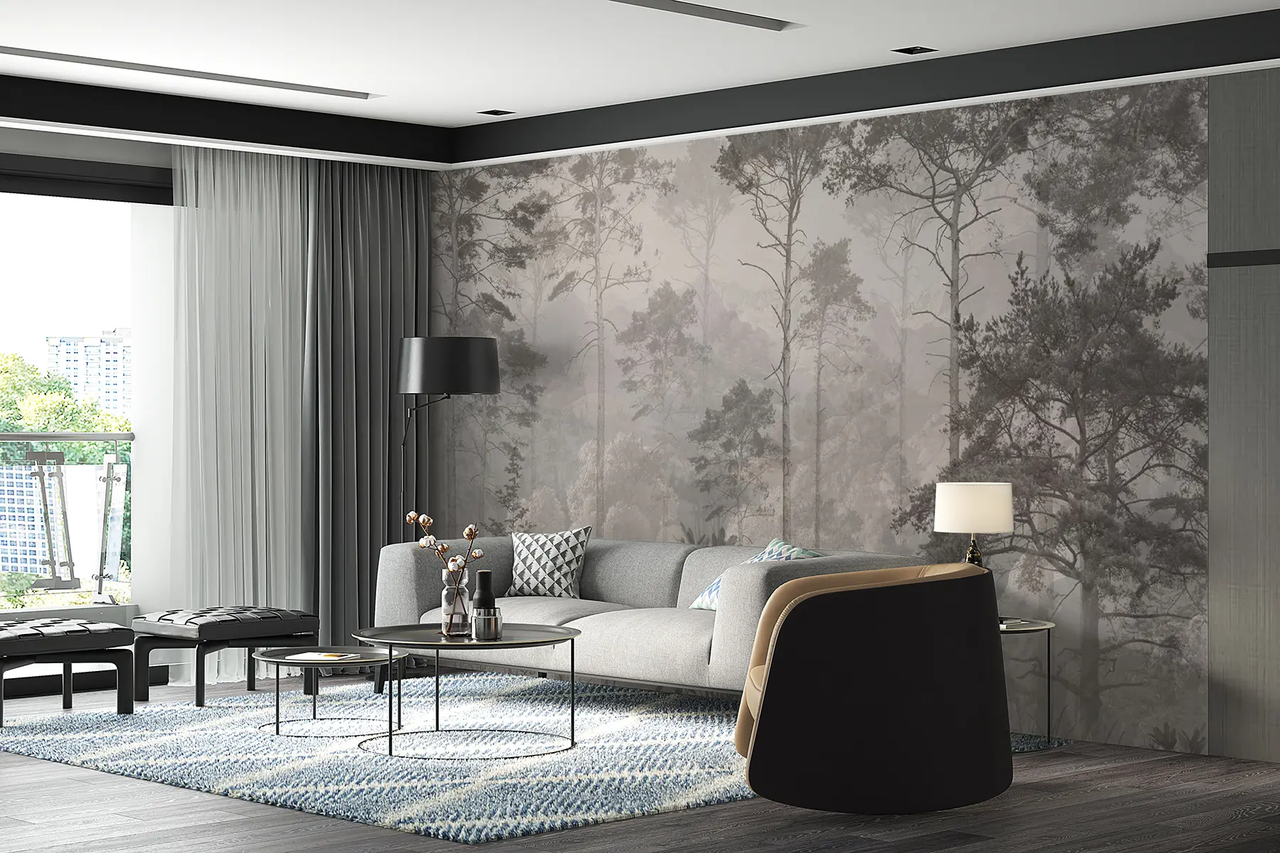 Фотообои флизелиновые Styleo Деревья на холмах в тумане u97190 350х270 см Серый