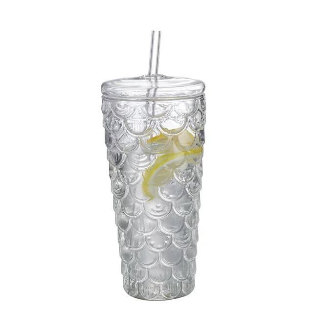 Стакан Хвост русалки с трубочкой и крышкой/боросиликатное стекло 580 мл Прозрачный (906305)