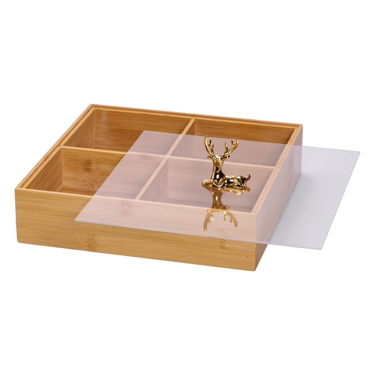 Менажница деревянная на 4 секции с крышкой квадратная (HB-40-1)