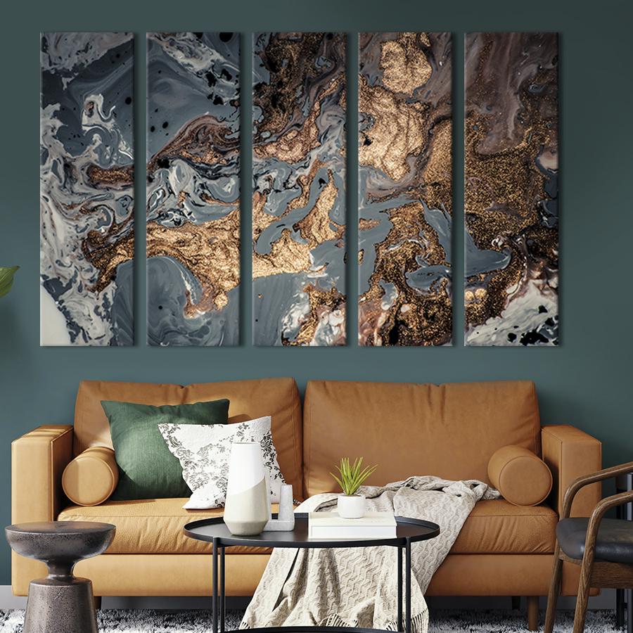 Модульна картина з 5 частин Сірий мармур із золотим малюнком 155x95 см (30-51)