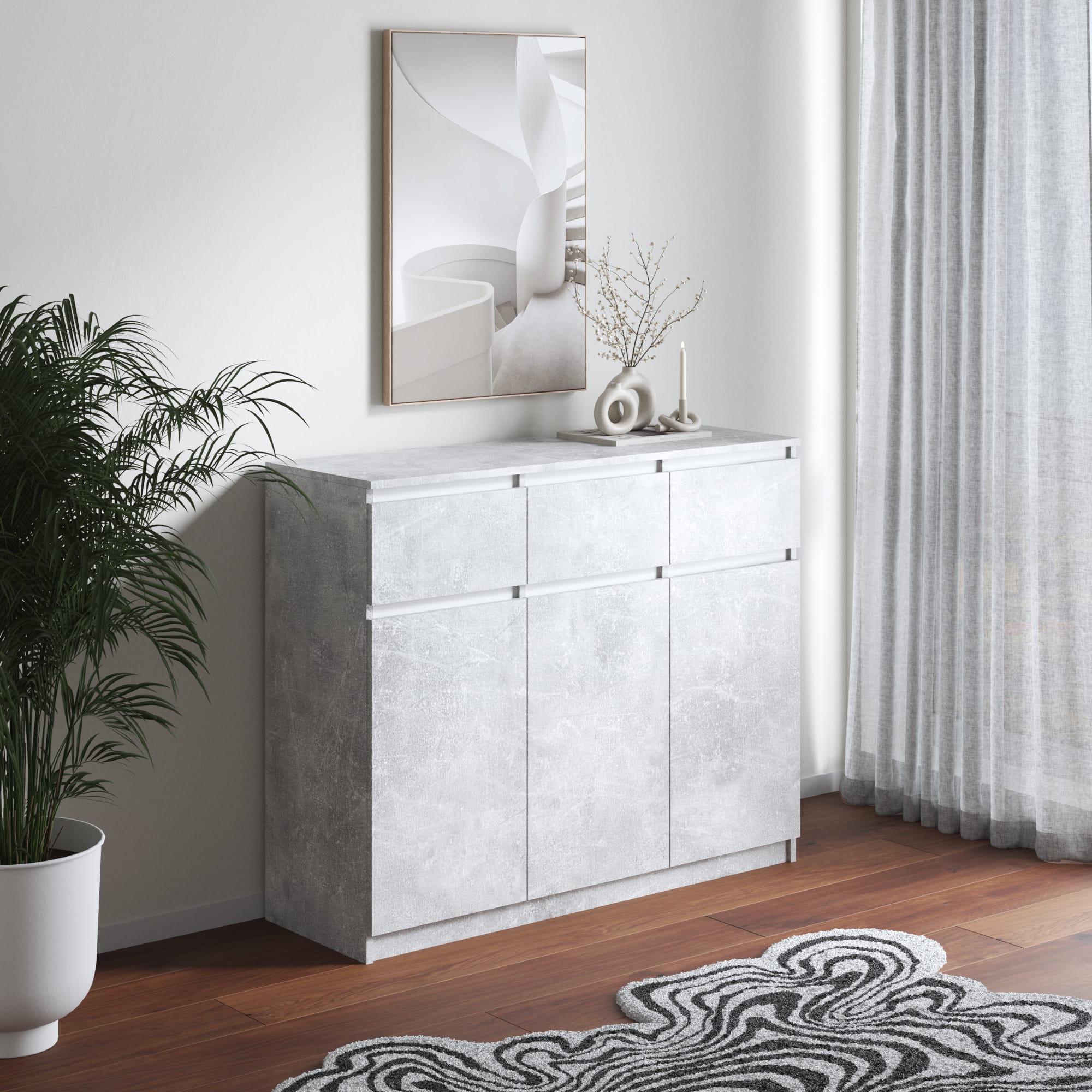 Комод №1 на 3 ящика и на 3 двери ЛДСП без ручек Бетон/Белый (372182) Комод №1 на 3 ящика и на 3 двери ЛДСП без ручек Бетон/Белый (372182)