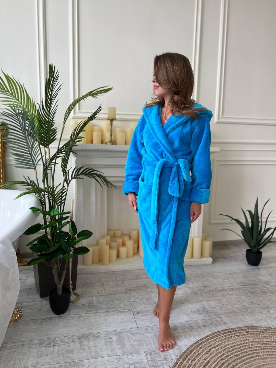 Халат женский махровый на поясе М Голубой (Д-al-halat-011-02)