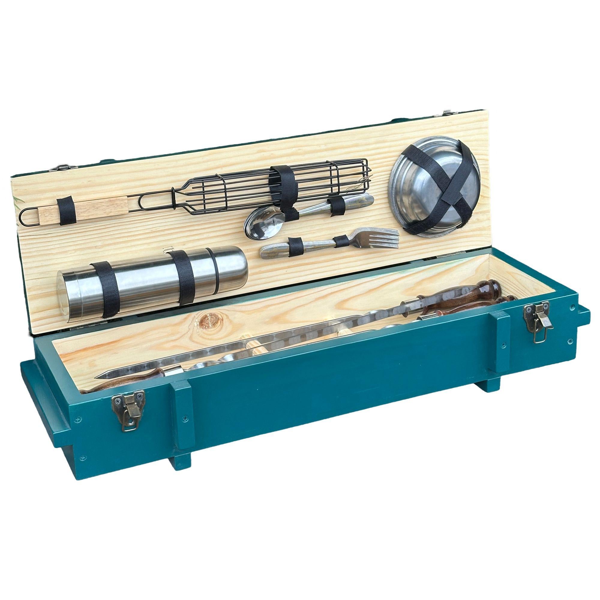 Подарочный набор шампуров Mzavod Комбат эксклюзивный в деревянном кейсе 26 предметов Бирюзовый (147-17-1192010000183)