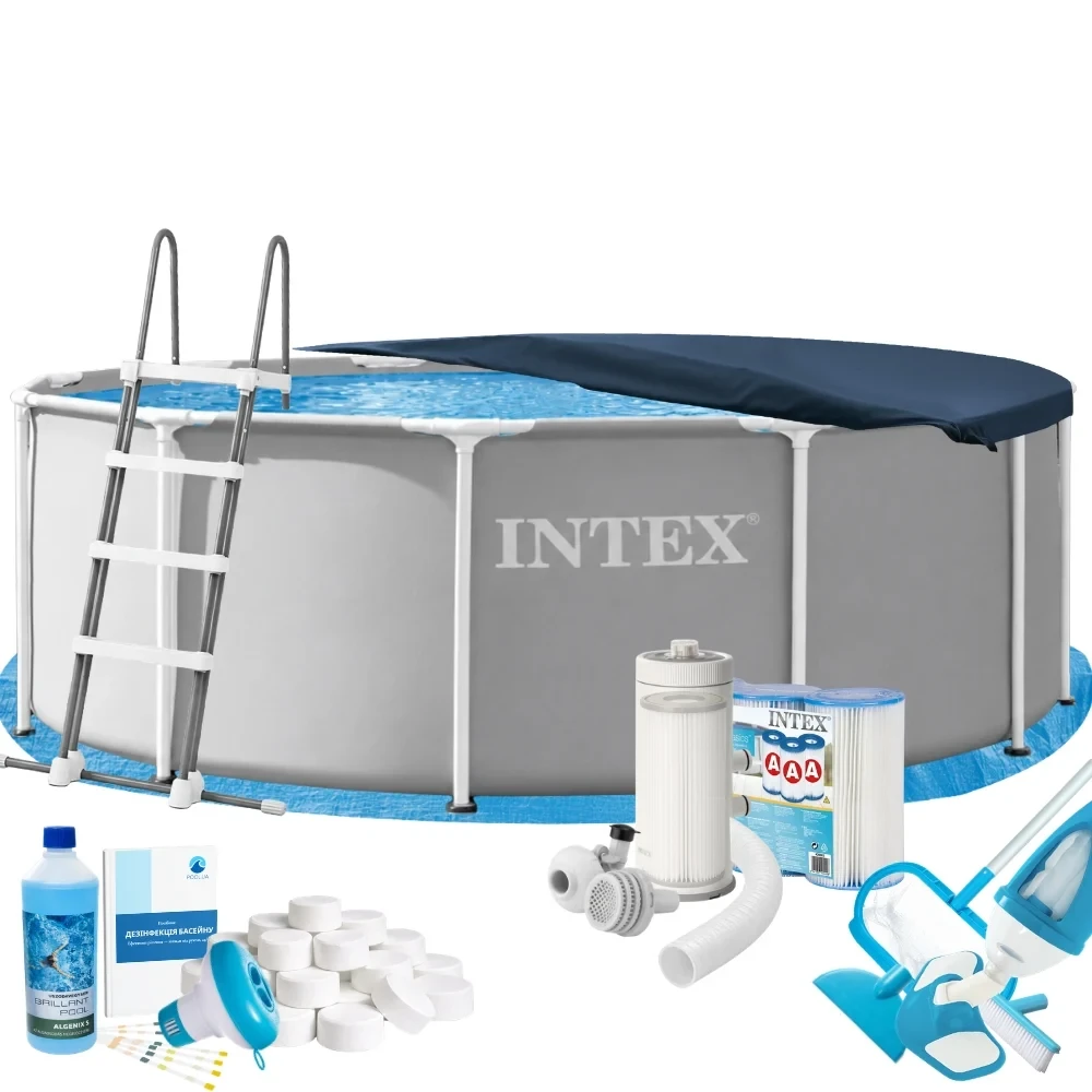 Бассейн каркасный круглый Intex 26718FR-10в1 с фильтром аксессуарами и химией 366х122 см Серый (147-9-26718FR-10 Max)