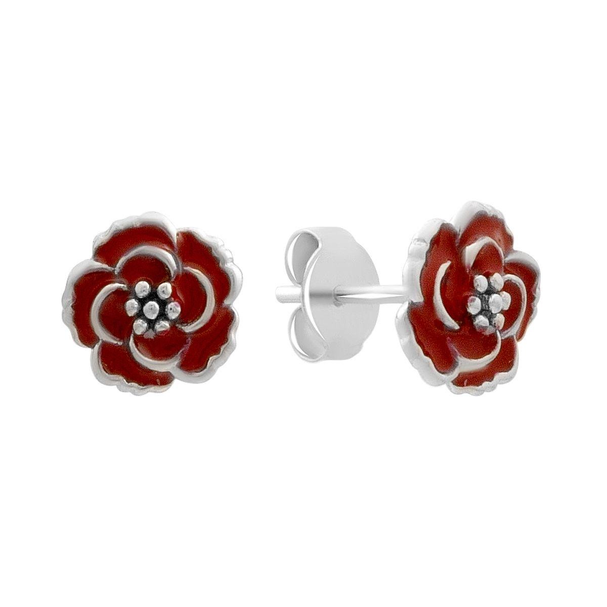 Серебряные серьги-гвоздики в форме цветов с красной эмалью
