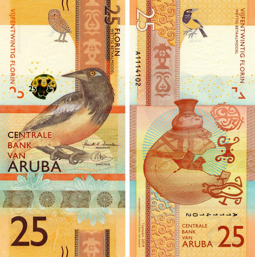 Коллекционная банкнота Аруба 25 флоринов 2019 UNC Птица Pnew (Б18285)
