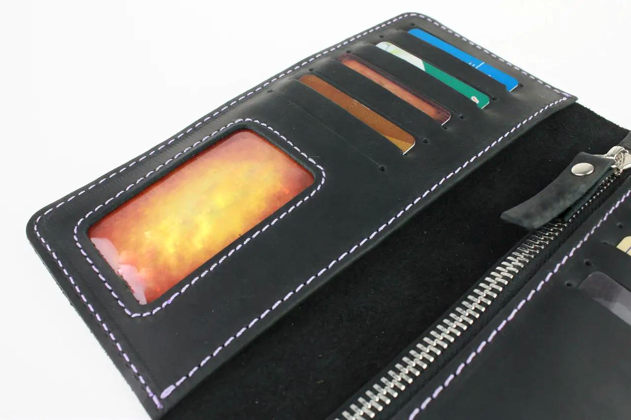 Кошелек FREESKIN кожаный прошит фиолетовой нитью 19х9,5х1 см Черный - фото 4 Кошелек FREESKIN кожаный прошит фиолетовой нитью 19х9,5х1 см Черный - фото 4