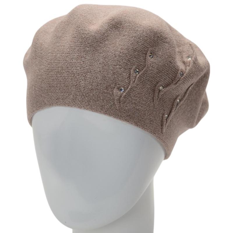 Берет женский вискозный двойной Novita Флорина с узором сбоку и стразами Кофейный