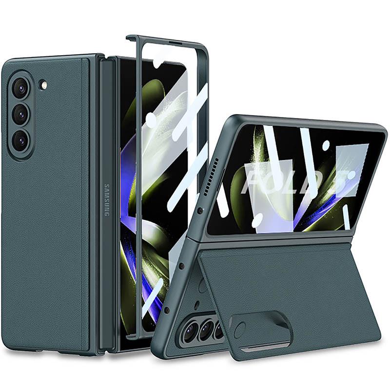 Противоударный кожаный чехол GKK 360 + Glass с подставкой для Samsung Galaxy Z Fold5 Grey/Green