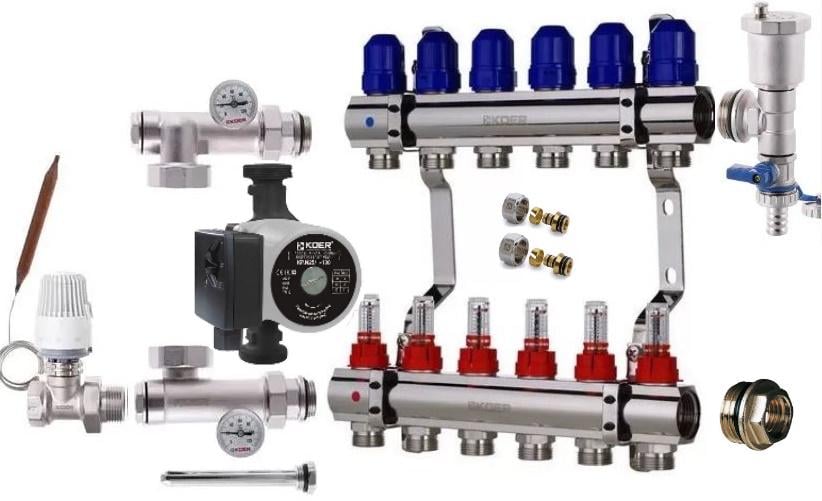 Коллектор для теплого пола KOER 6 контуров комплект прямой (9119910)